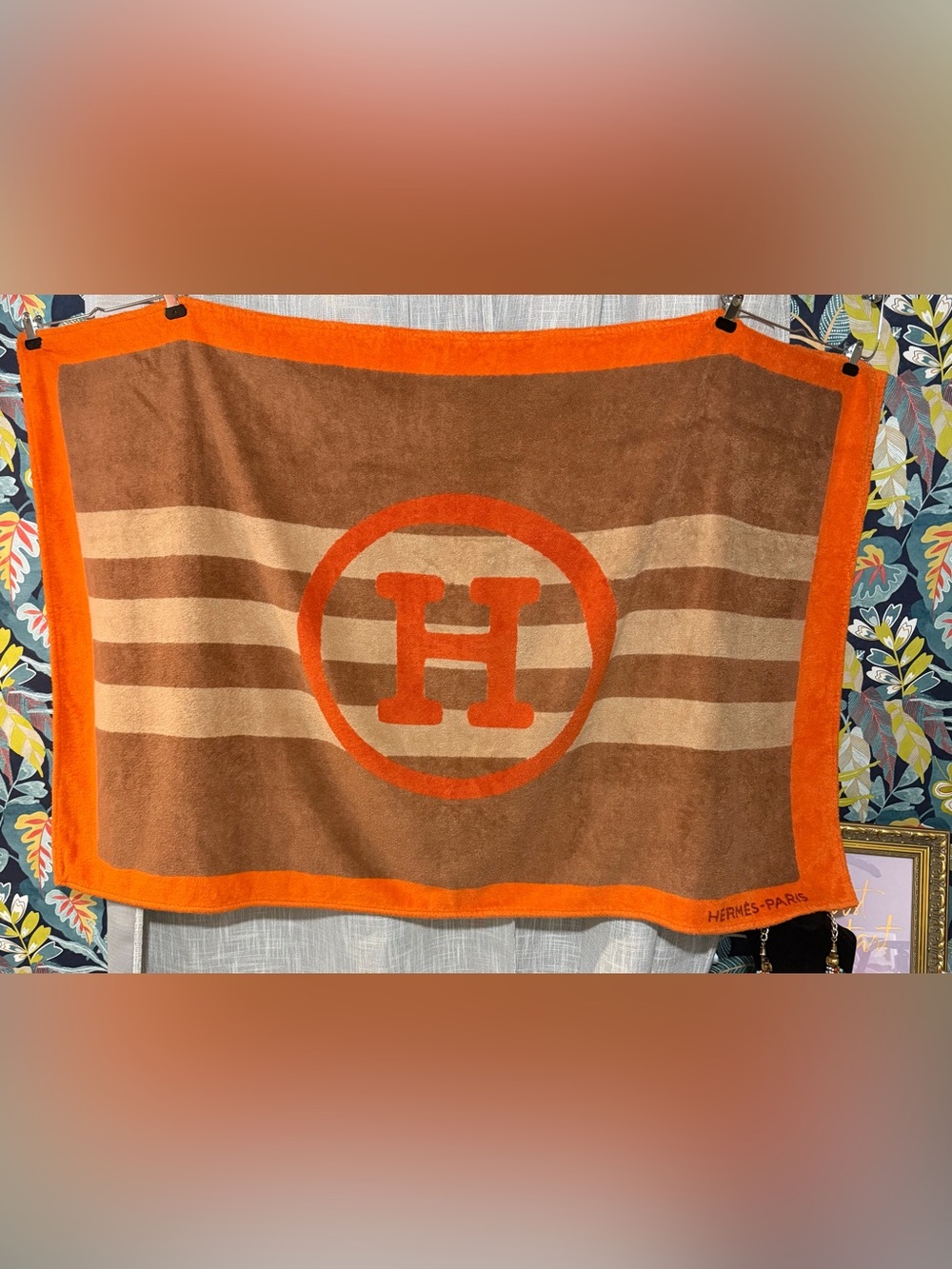 HERMES Beach Towel Bath Mat Towel H Logo Striped  57.5 X 35.5 Inches Used Auth - Picture 7 of 11